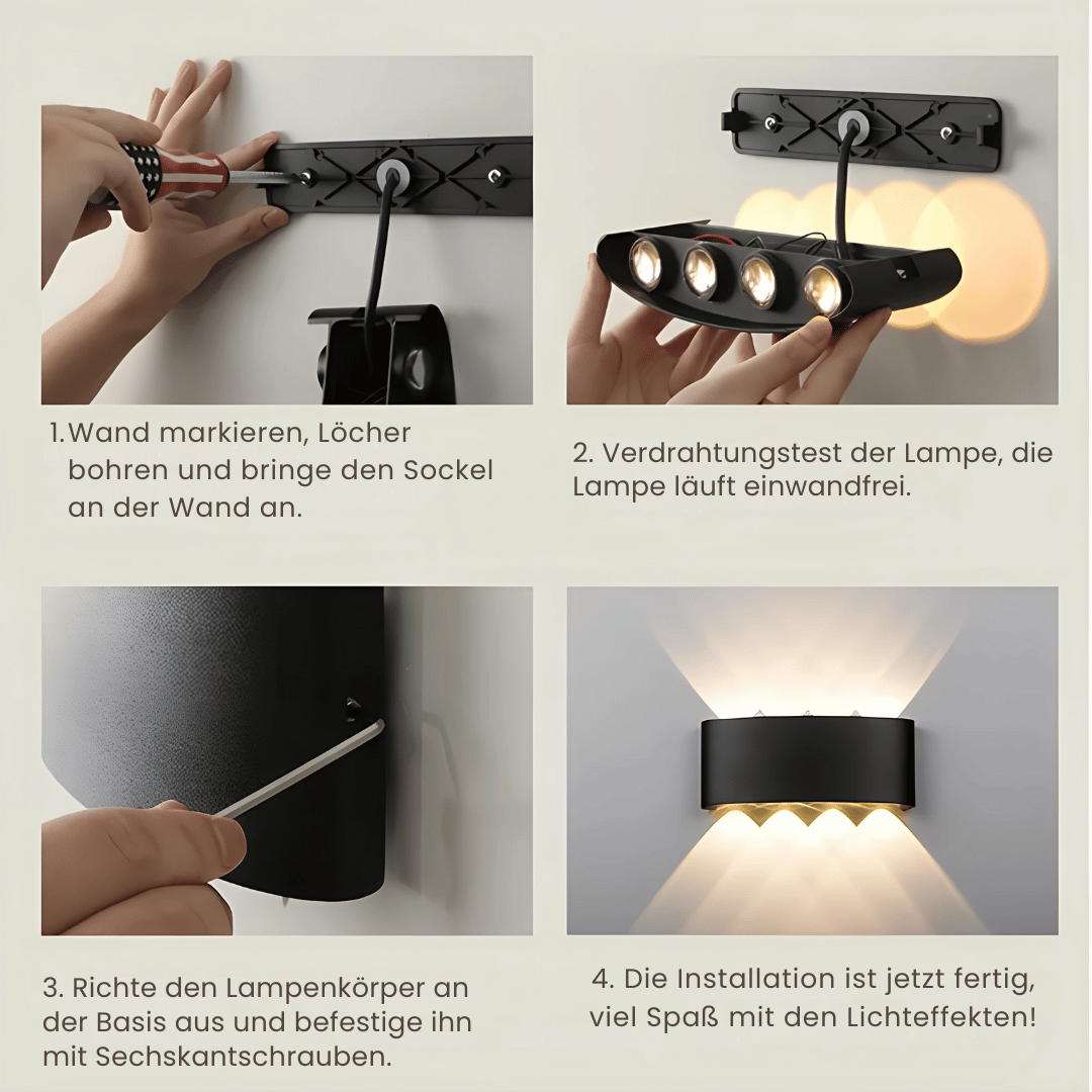 LumaGlow Wandlampe - Wiederaufladbare LED Innenlampe & Außenlampe - dimmbar & wetterfest für stimmungsvolles Licht