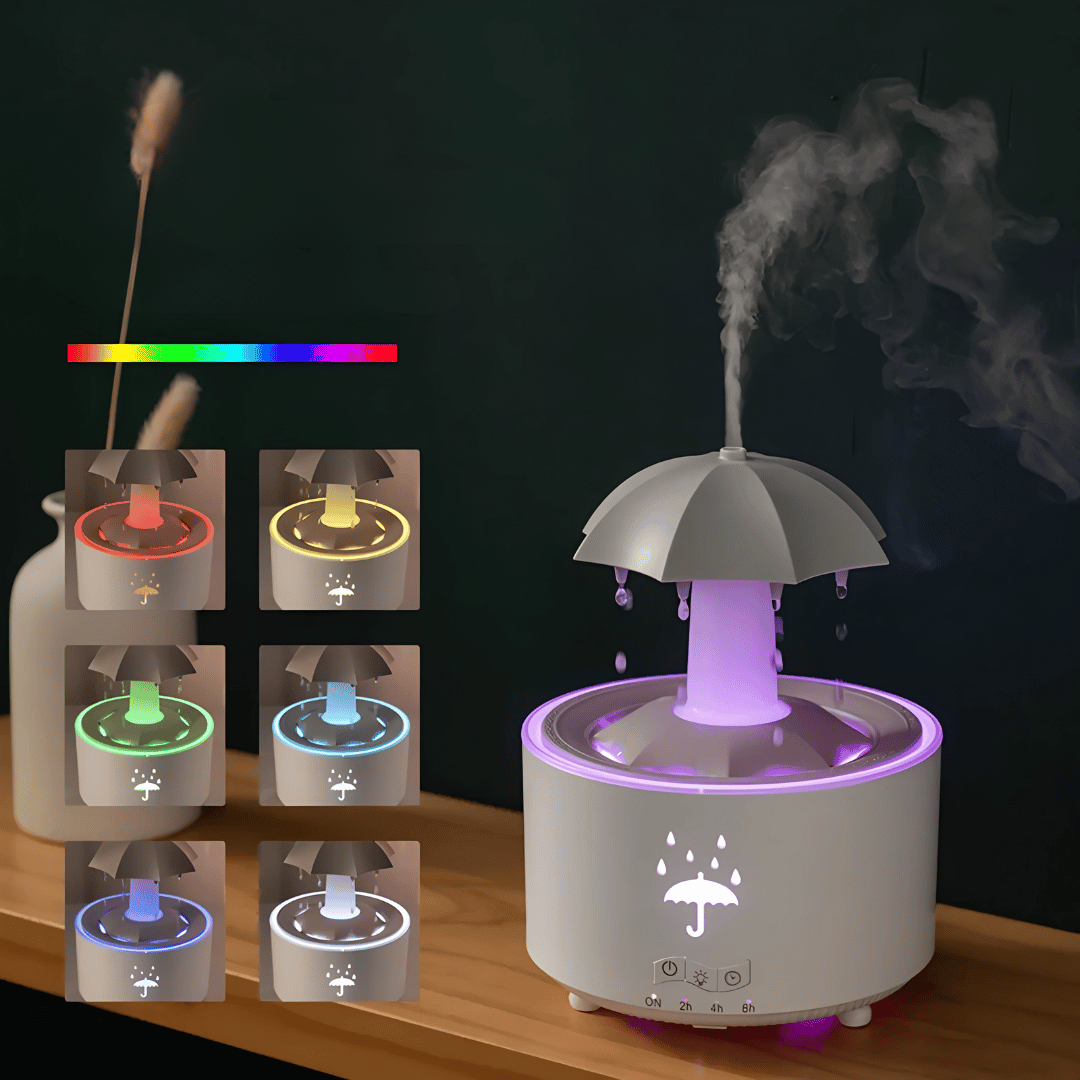RainAura Luftbefeuchter – Aroma-Diffusor mit rotierendem Wasserfall-Effekt für Raumduft & angenehme Luftfeuchtigkeit