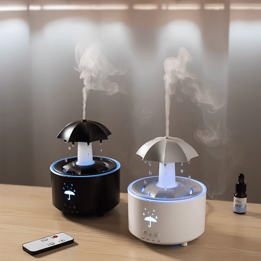 RainAura Luftbefeuchter – Aroma-Diffusor mit rotierendem Wasserfall-Effekt für Raumduft & angenehme Luftfeuchtigkeit