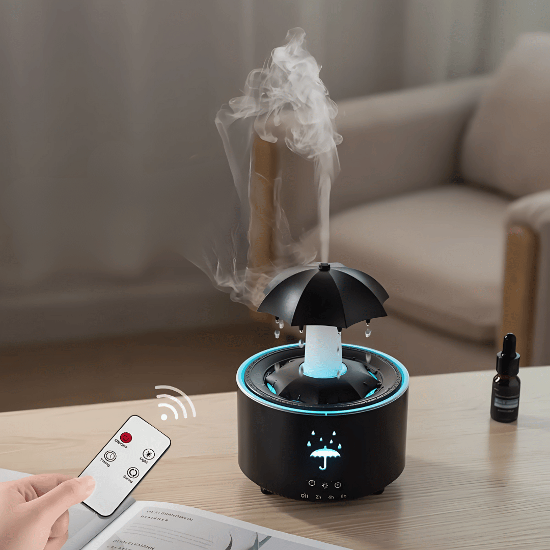 RainAura Luftbefeuchter – Aroma-Diffusor mit rotierendem Wasserfall-Effekt für Raumduft & angenehme Luftfeuchtigkeit