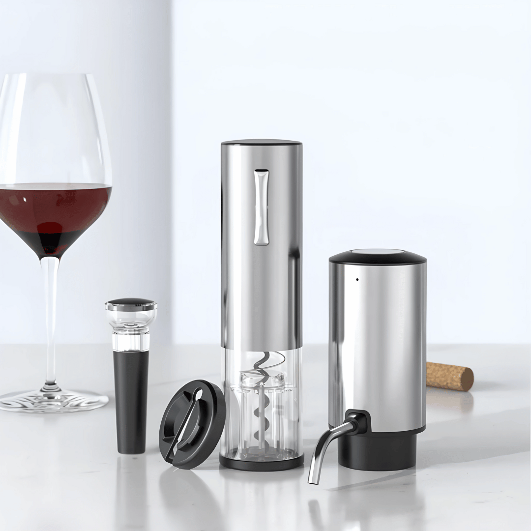 Wein Set – elektrischer Korkenzieher mit Folienschneider, Ausgießer & Weinverschluss im Geschenkset