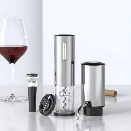 Wein Set – elektrischer Korkenzieher mit Folienschneider, Ausgießer & Weinverschluss im Geschenkset