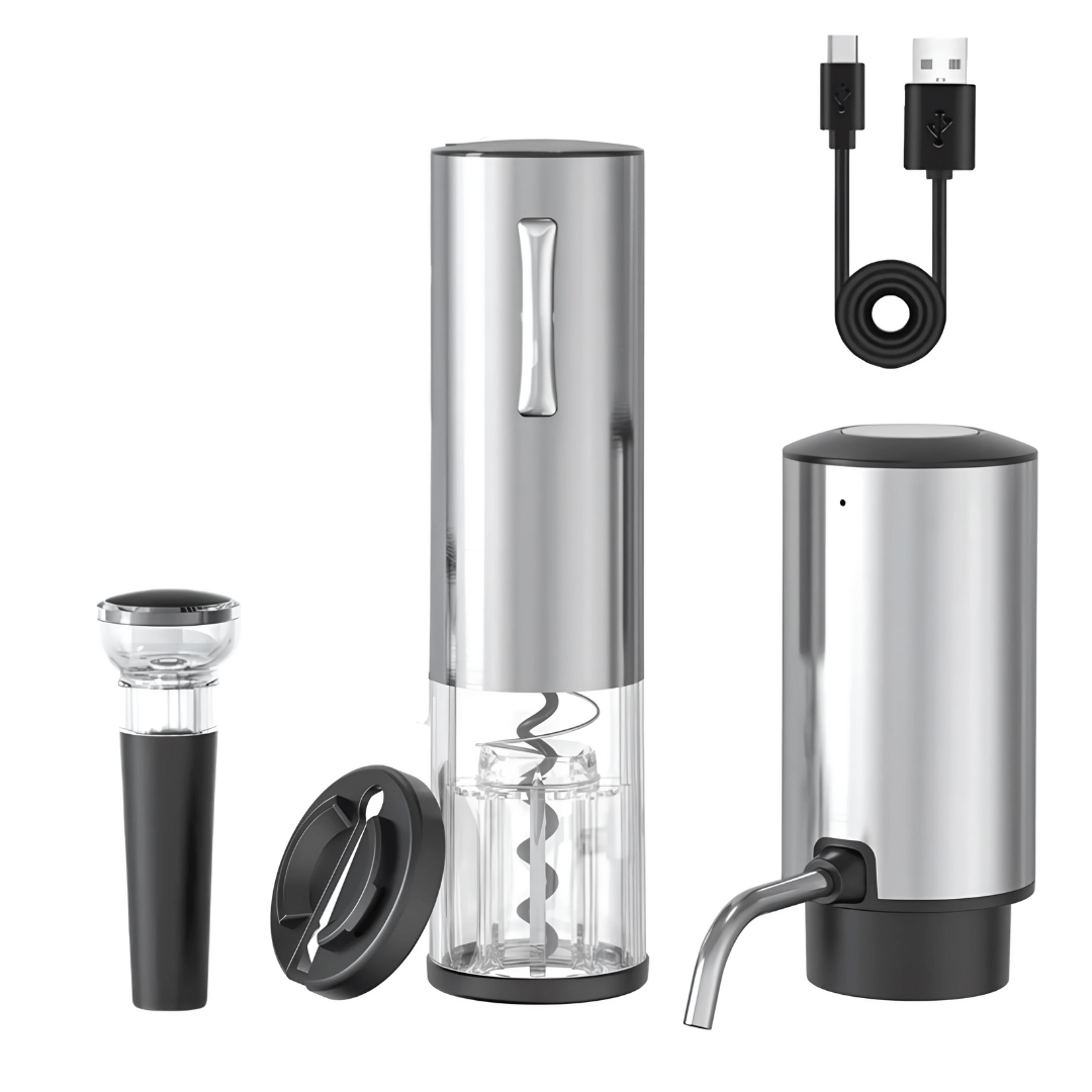 Wein Set – elektrischer Korkenzieher mit Folienschneider, Ausgießer & Weinverschluss im Geschenkset
